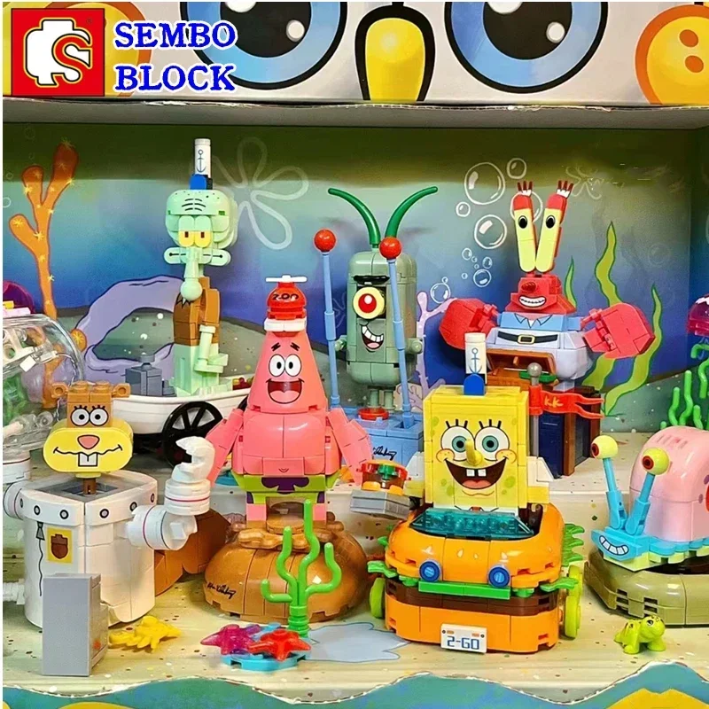 SEMBO Spongebob building block set assembled children's toys Kawaii Patrick Star figure animation peripheral birthday gift