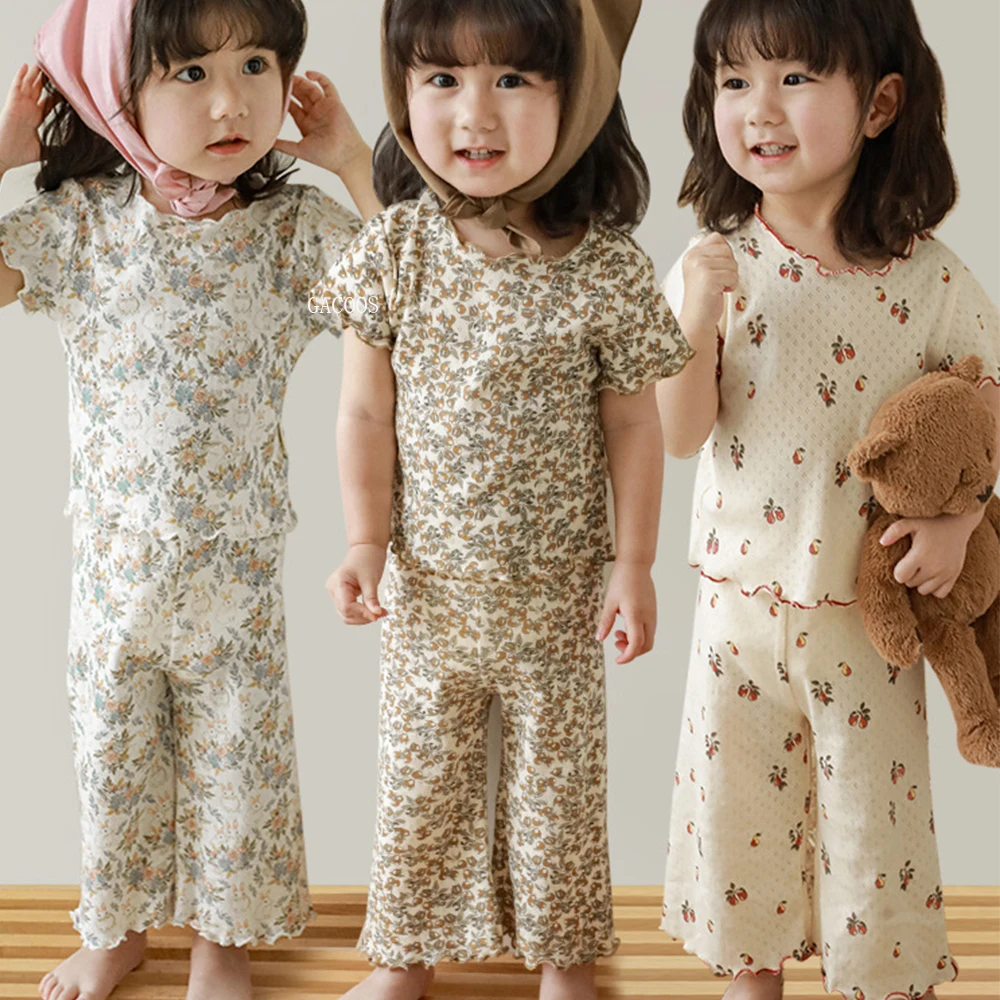 Korean Kids Summer New Pajamas Set Cute Floral T-shirt Baby Girls Clothes Short Sleeves Tops Shorts 2PCS Toddler Home Loungewear