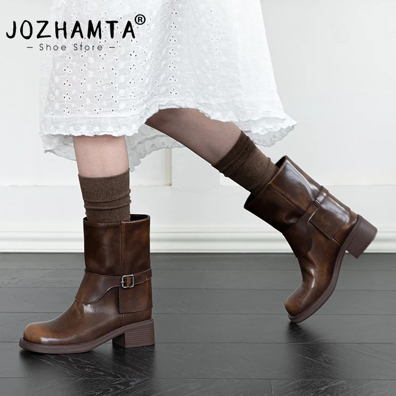 

JOZHAMTA Size 34-40 Women Short Boots Genuine Leather Vintage Wide Calf Thick Mid Heels Shoes Fall Winter Casual Ankle Booties