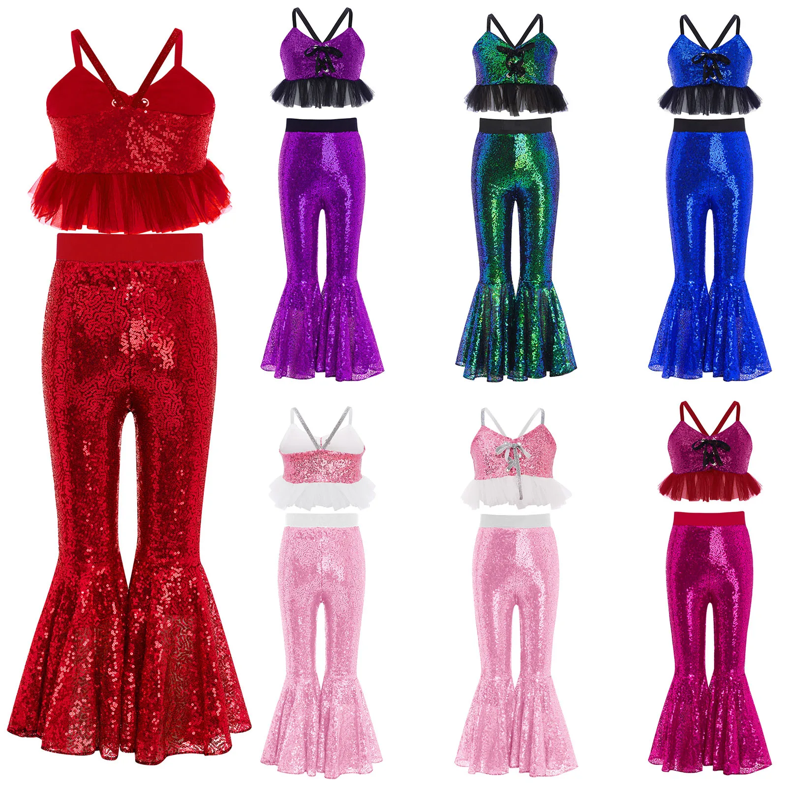 الفتيات الترتر الجاز أداء الرقص زي تول كشكش بريق بروتيل مع جرس أسفل متوهج السراويل الباليه مجموعة الرقص الغنائي #5