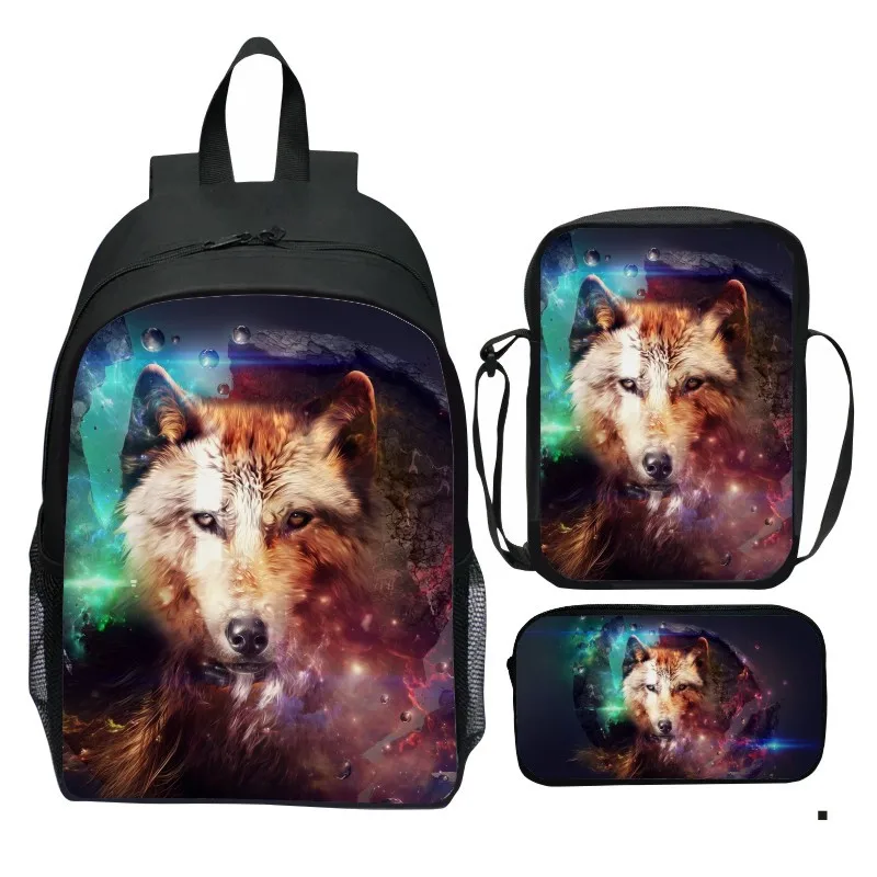 حقيبة ظهر مطبوعة على شكل سماء مرصعة بالنجوم من الكون مكونة من 3 قطع على شكل حيوان وولف أسد حقيبة كتف صغيرة حقيبة أقلام