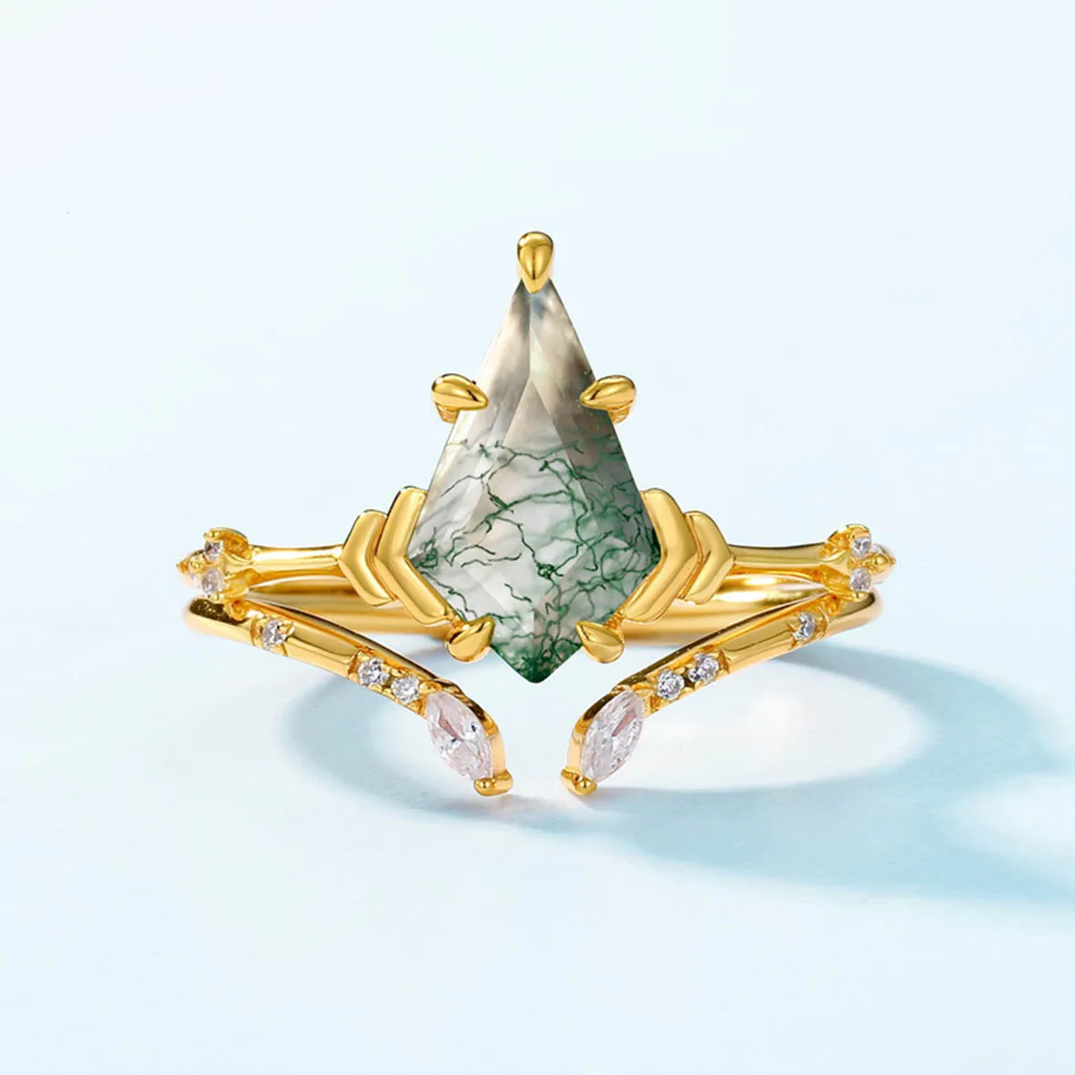

925 Silver Kite Cut Natural Green Moss Ring Set for Woman With Unique Moss Agate Engagement Luxury Jewelry Gift