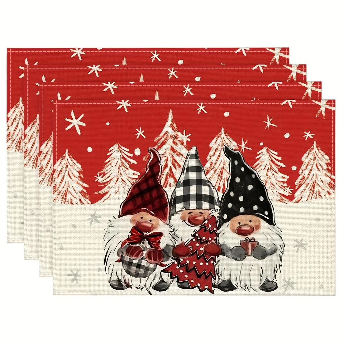 Red Background Gnome Printed Placemats Christmas Tree Heat Resistant Table Decor Plaid Element Holiday Feast Home Party Dining