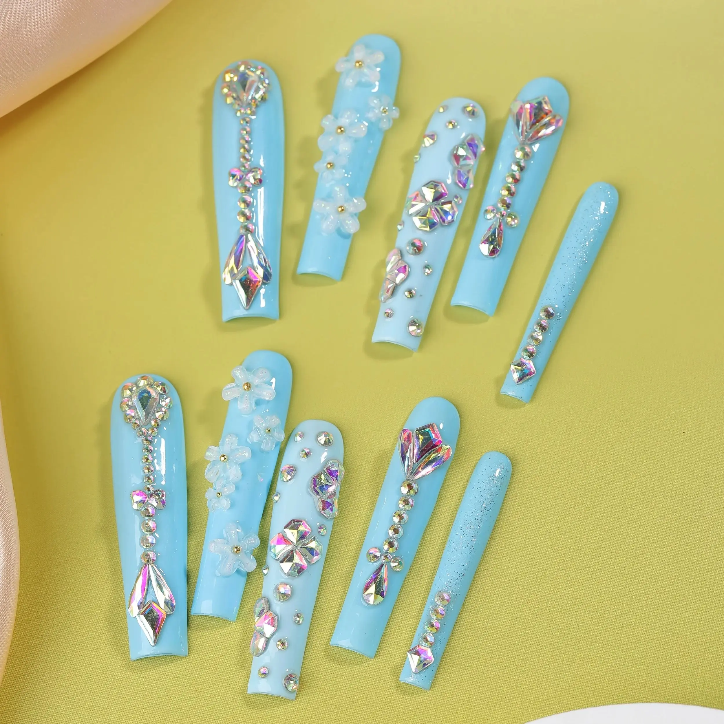 10Pcs Ballerina Long Coffin Nail Tips False Nails Wearable Fake Nails Rhinestone 3D Flower Blue Design Press on Nails