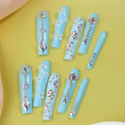 10Pcs Ballerina Long Coffin Nail Tips False Nails Wearable Fake Nails Rhinestone 3D Flower Blue Design Press on Nails