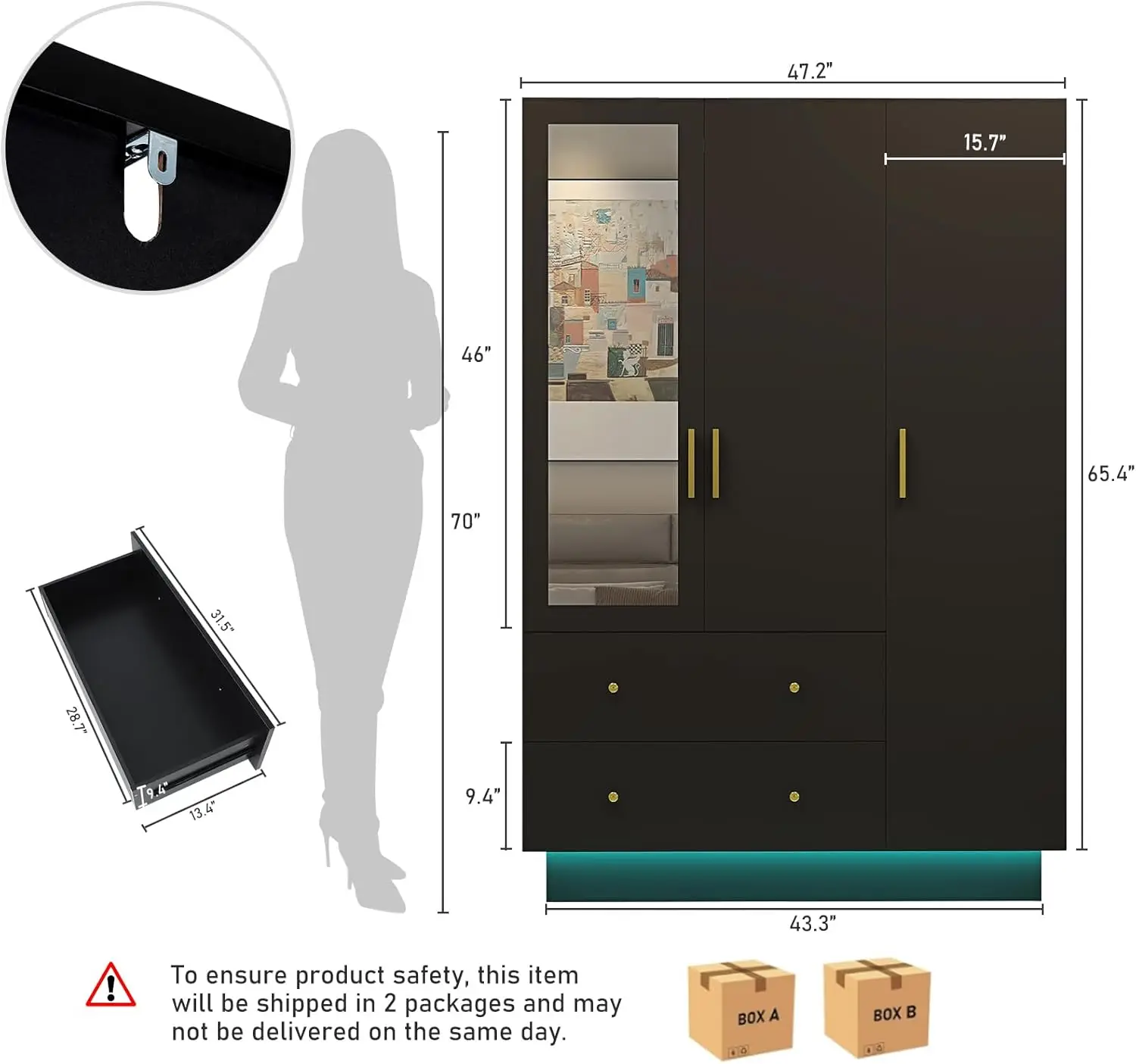 3 Door Wardrobe Closet with Mirror & LED Lights, Bedroom Armoire with Drawers & Shelves, Modern Wooden Armoire Wardrobe