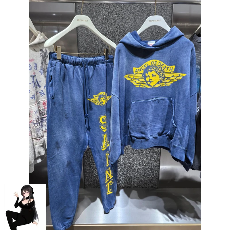 Yellow Cracked Angel Print SAINT Hoodie Kangaroo Pockets Terry Clothes Men Women Streetwear High Quality Casual Blue Pullover