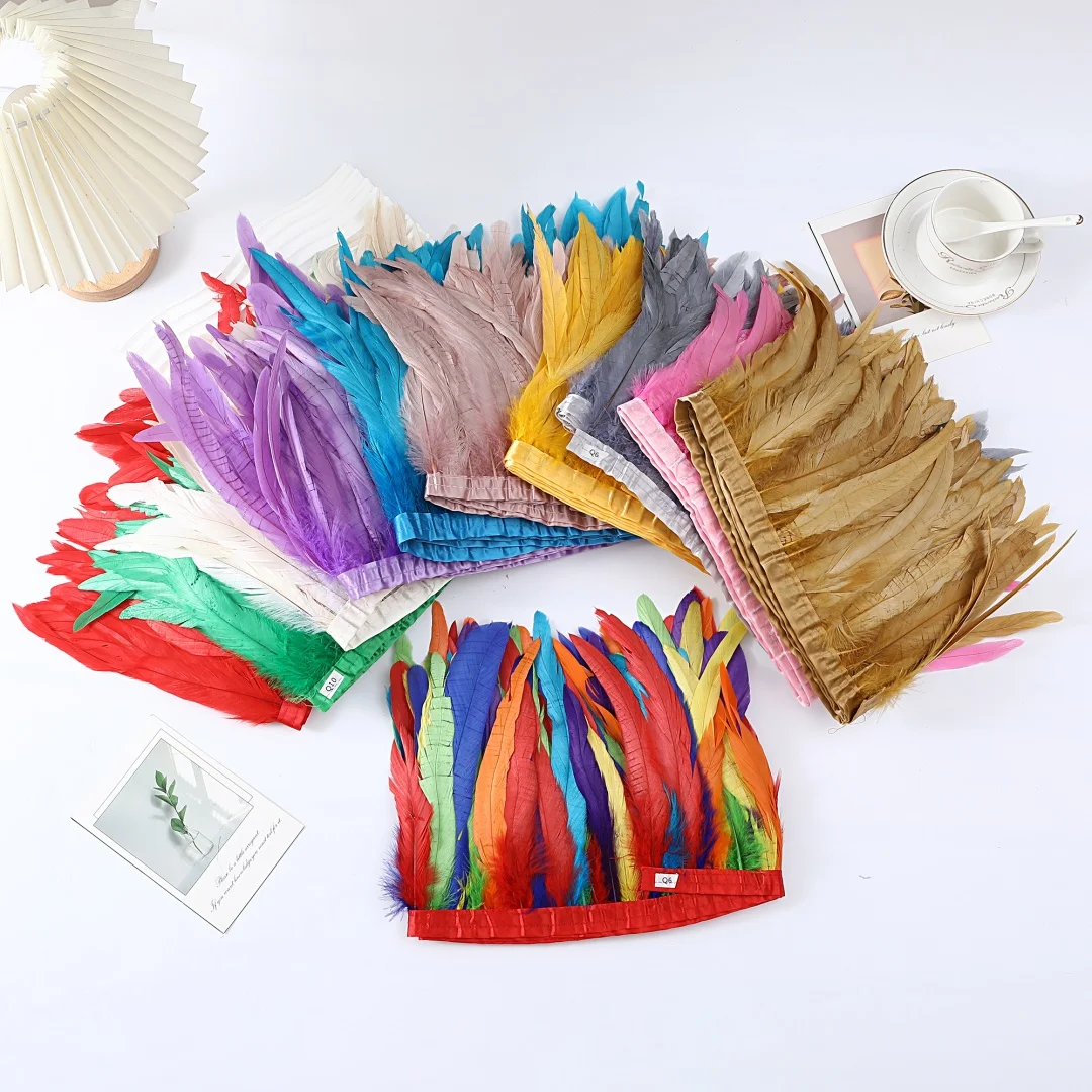 

10 yards Colorful Rooster Tail Feathers Trim 20-25cm /8-10inches Pheasant Feather Fringe Ribbon for Carnival Plumes Decoration