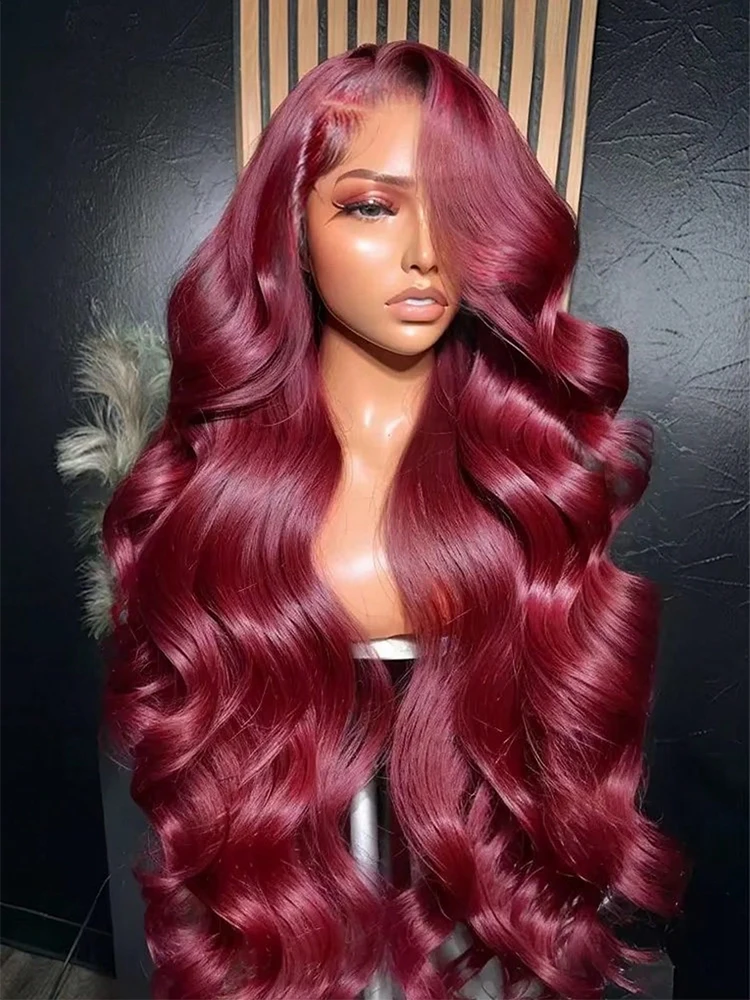 

200% 99J Burgundy Color 13x4 Transparent Lace Frontal Wigs Human Hair Brazilian Body Wave Pre Plucked With Baby Hair For Women