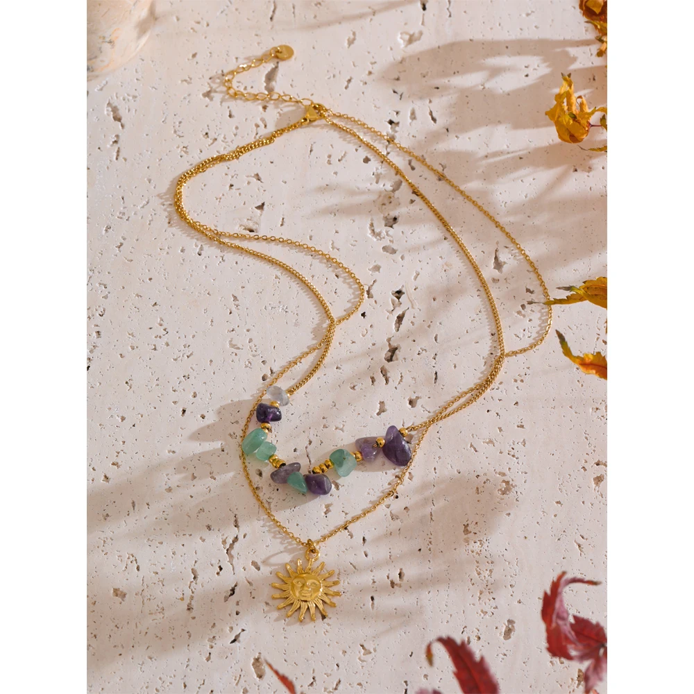 Yhpup 2025 Natural Stone Double-Layer Chain Sun Pendant Necklace for Women 316L Stainless Steel Handmade Jewelry Gift