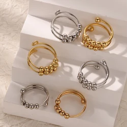 Adjustable Anxiety Fidget Ring Anti-Worry Bead Spinner Rings For Women Stainless Steel Double Layer Ring Anti-Stress Jewelry