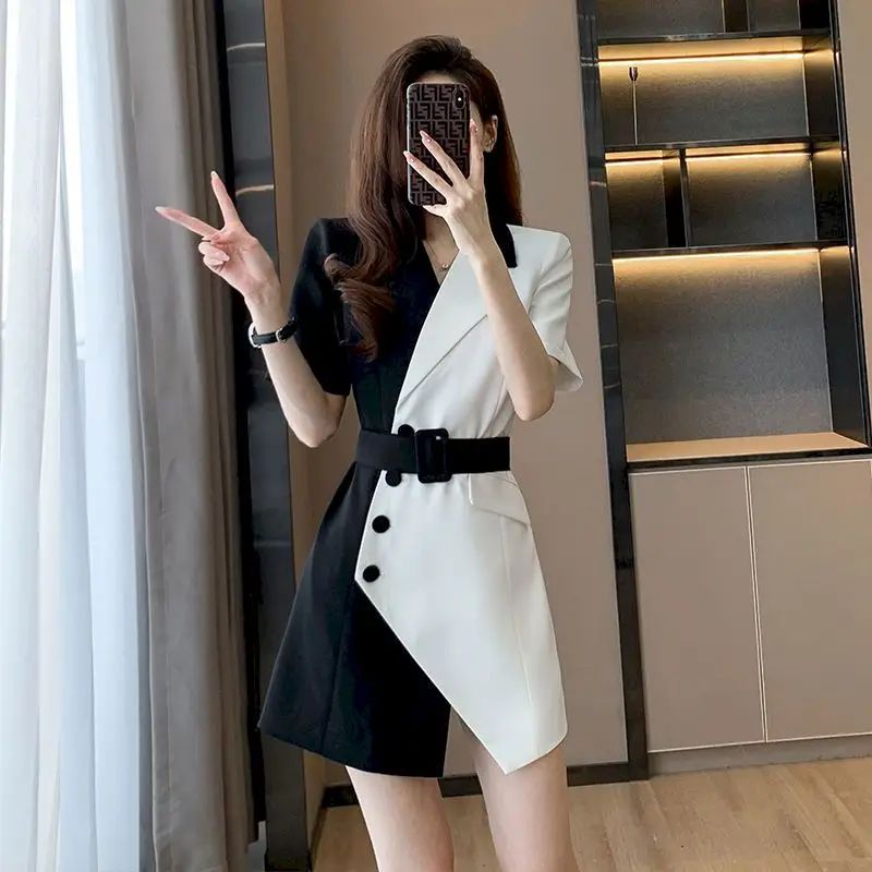 Summer Fashion Short Sleeve Blazer Dresses Women 2024 New French Suit Dress Womens Niche Design Mini Skirts Splicing Belt Dress