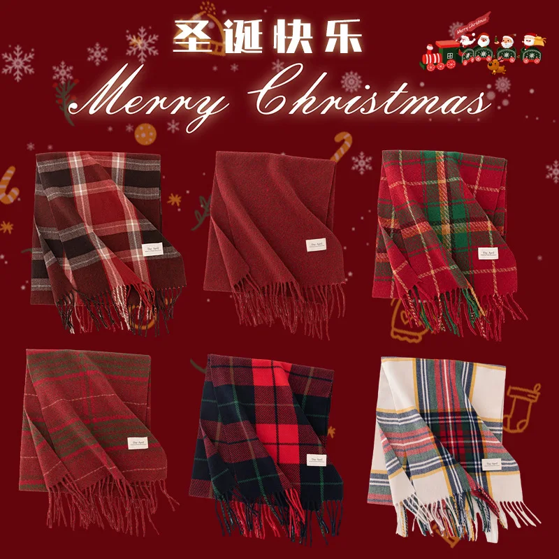

Red Christmas Acrylic-like Plaid Scarf Autumn Winter Shawl Hijab New Year Head Wrap Fashionable Thickened Neck Warmer for Women