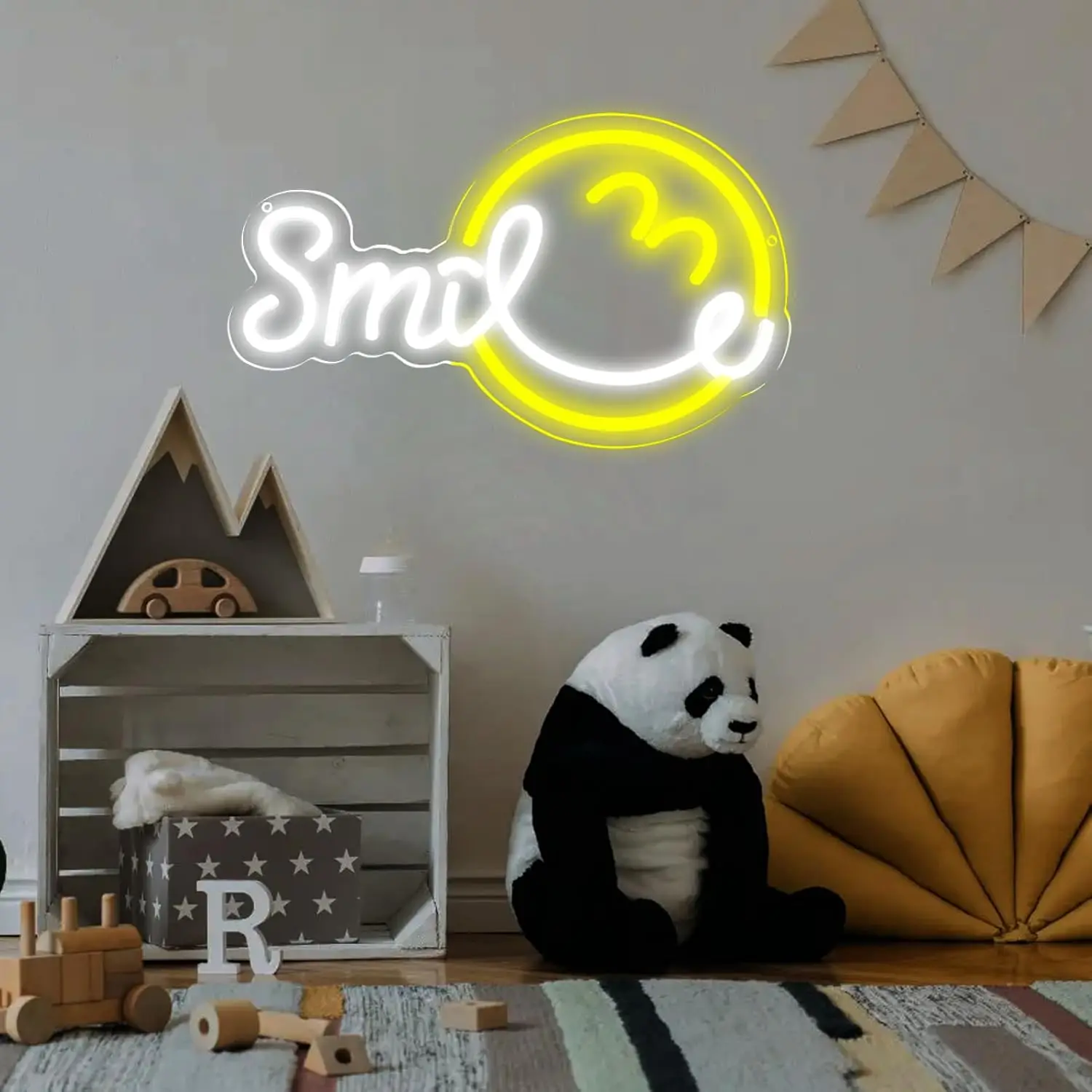 Smile Neon Sign LED Wall Art Yellow Happy Face Cursive Quote USB Powered Dimmable Acrylic Glow Lamp Home Bedroom Cafe Decor