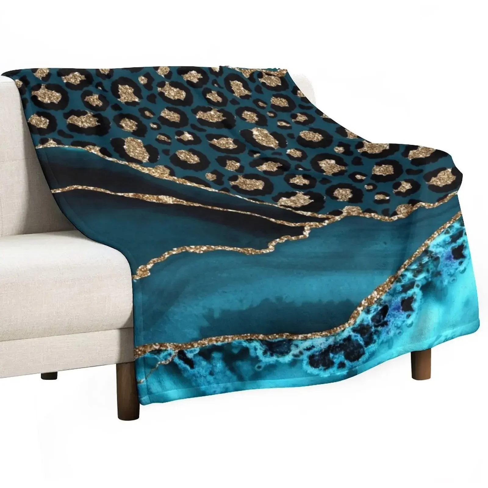 

Teal & Gold Leopard Agate Throw Blanket Flannel Fabric bed plaid Plaid on the sofa Large Blankets