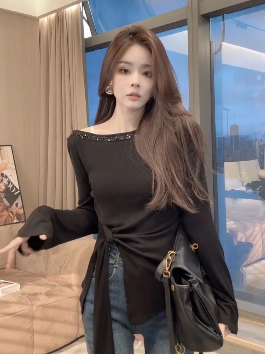 Pure Desire Sle Long Sve T-irt Women's Slim Fit Knot Design Spring Early Sexy Top Trendy Commute Sle Korean Version