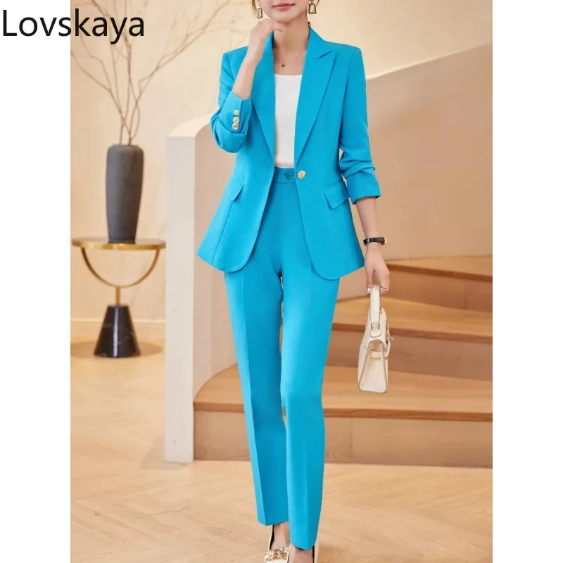 Fashion  Green Blue Apricot Black Blazer Pant Suit Women Female Business Work Wear Jacket and Trouser Formal 2 Piece Set