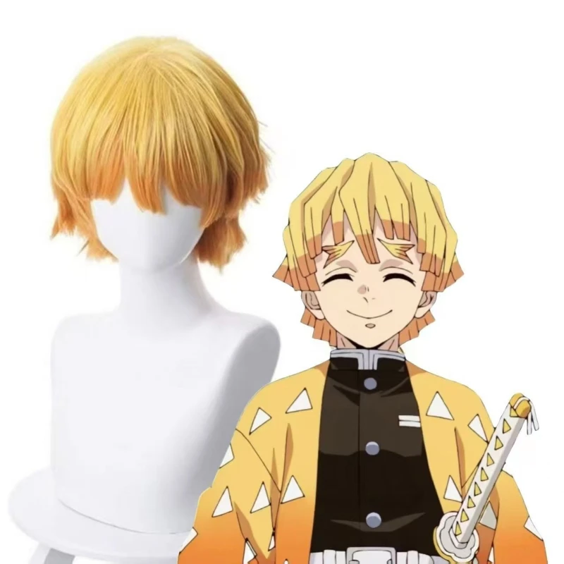 

2025 Demon Slayer Zenitsu Agatsuma Cosplay Wig | Layered Yellow Ombre Full Cap with Natural Flick-Up Ends, Anime Hairstyle