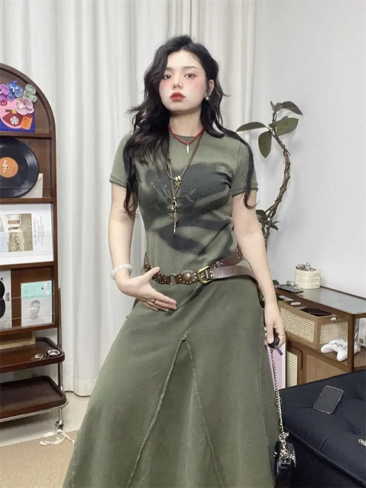 プラスサイズ ヴィンテージ グリーン 花柄ワンピース / レディース 夏新作 スリムウエスト ロングTシャツ / エレガント カジュアル ボヘミアン マキシ丈ワンピース y2k 韓国ファッション