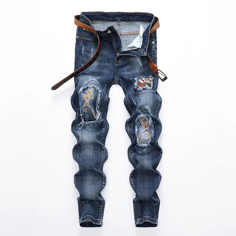 

Tide brand embroidery ripped patch pattern jeans male handsome trend all-match elastic foot pants spring and autumn fashion