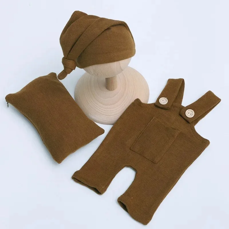 Shooting Photo Costume for Baby Casual Simple Soft Solid Color Hat+Overall Pant+pillow 3pcs/sets Newborn Photography Clothing