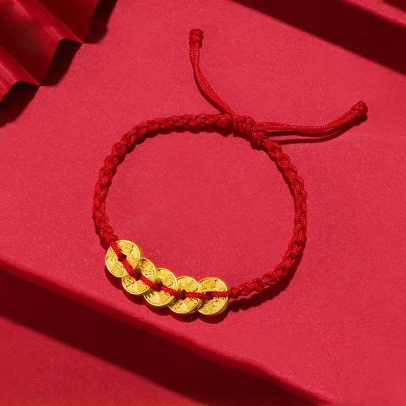 محظوظ الذهب اللون خمسة الأباطرة يباركون جلب الثروة المال عملة حبل السنة سوار المنسوجة يدويا العتيقة سوار اليدوية هدية #3