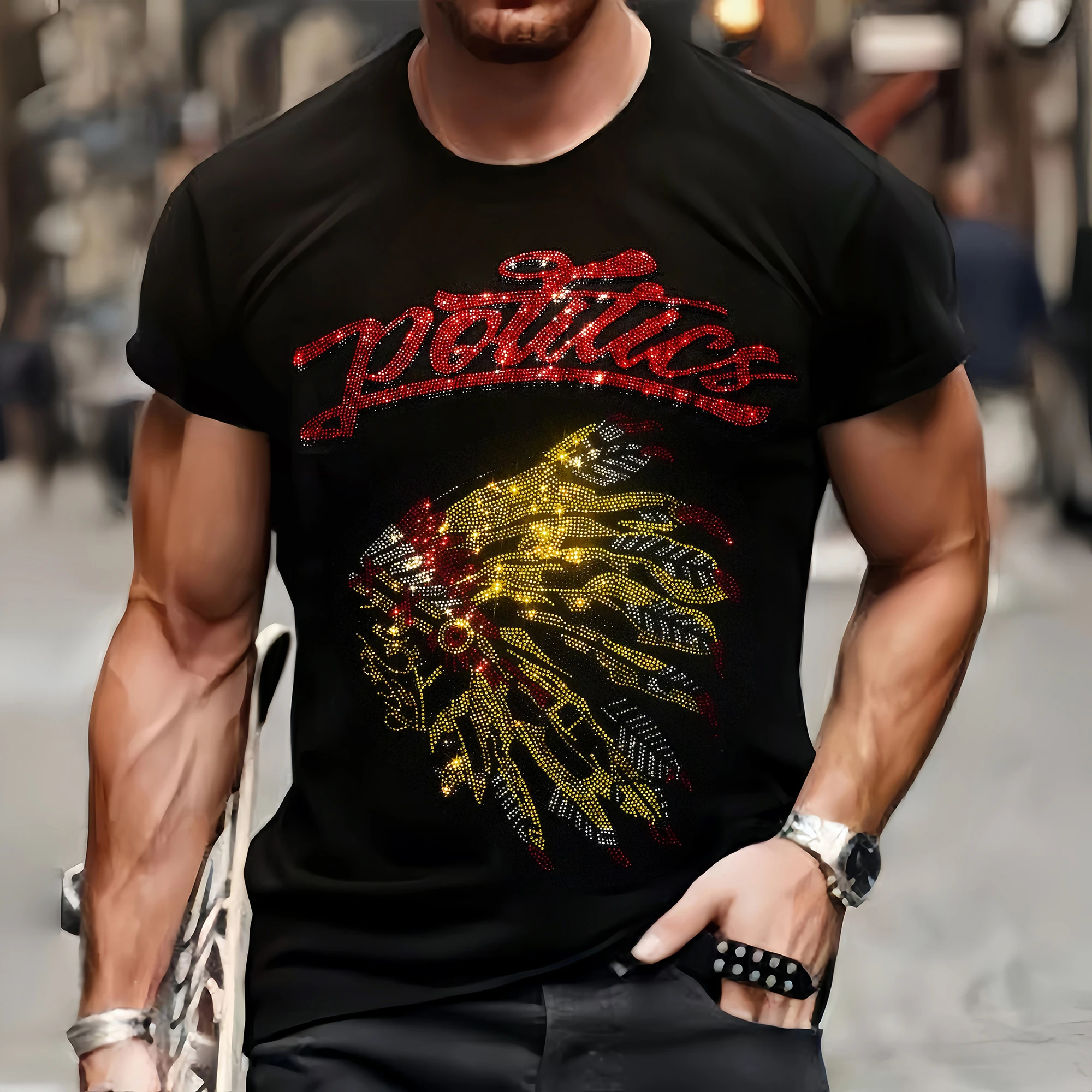 Spring Mens Quality T-Shirts Casual Short Sleeve Clothing Tee Tops O-Neck Indian Rhinestone Club Tshirt Y2k Oversized S-3XL New