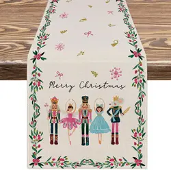 Merry Christmas Nutcrackers Cartoon Linen Table Runner Dresser Scarf for Winter Holiday Party Decor Kitchen Dining Table Decor