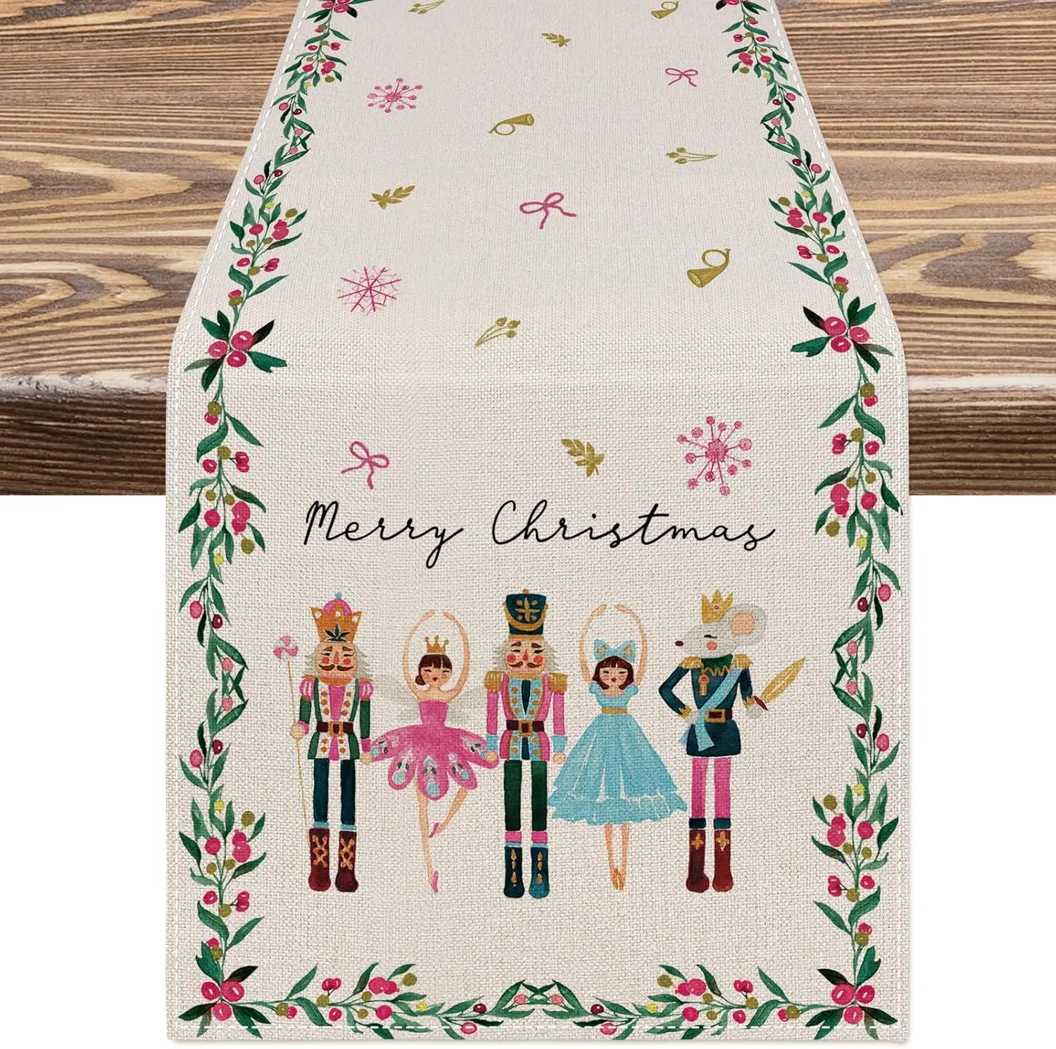 Merry Christmas Nutcrackers Cartoon Linen Table Runner Dresser Scarf for Winter Holiday Party Decor Kitchen Dining Table Decor