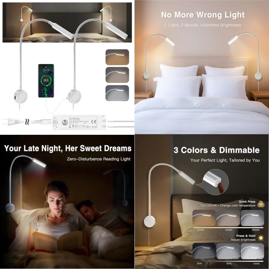 

Books Lights for Headboard, Bedside Wall Mounted Reading Lamp, Reading Light Touch to Adjust Color Temp 3000K/4000K/6000K and B
