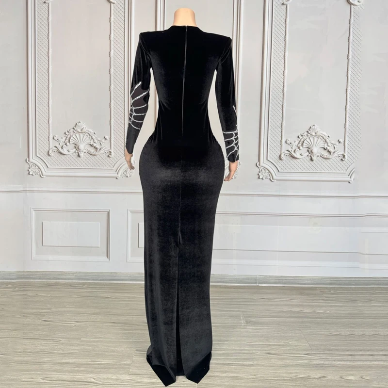 クモの巣ラインストーンイブニングドレス女性黒ベルベットフェスティバル衣装パーティードレスジャズダンス衣装ステージドレス XS10094