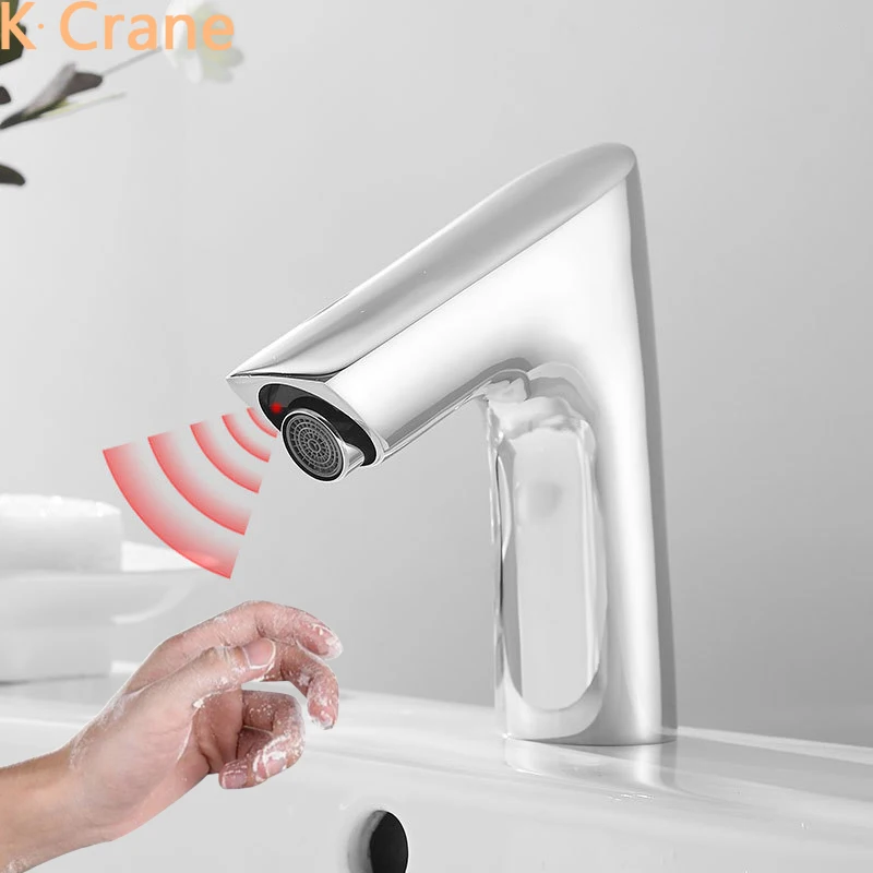 Touchless Faucet Bathroom Infrared Motion Sensor Tap Basin Sink Silver Chrome DC Power Battery Crane Deck Mount Induction Faucet