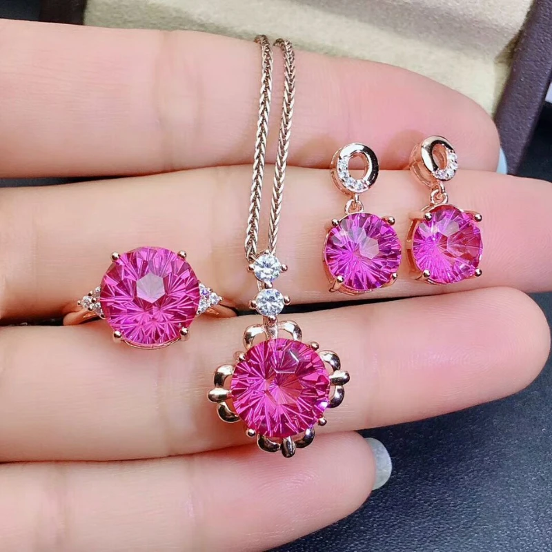 

Natural Amazing Pink Topaz Gemstone Flower Jewelry Set 925 Pure Silver 3 Pieces Suit Wedding Jewelry for Women