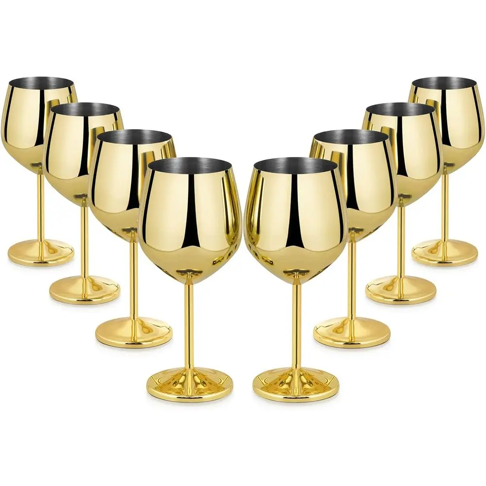 

Set of 8, 18oz Stainless Steel Wine Goblets with Stems, Ideal for Parties, Weddings, and Serving Red or White Wine (Gold)