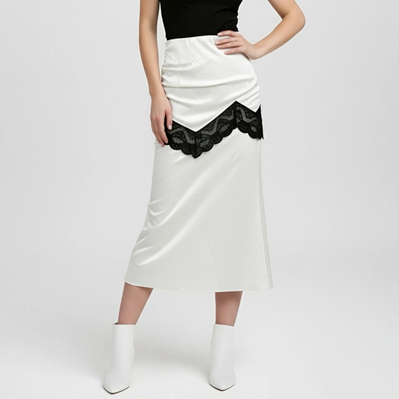 

Женские однотонные атласные юбки с кружевными вставками, модные, с высокой талией, облегающие, летние, для выхода в свет, миди-юбки