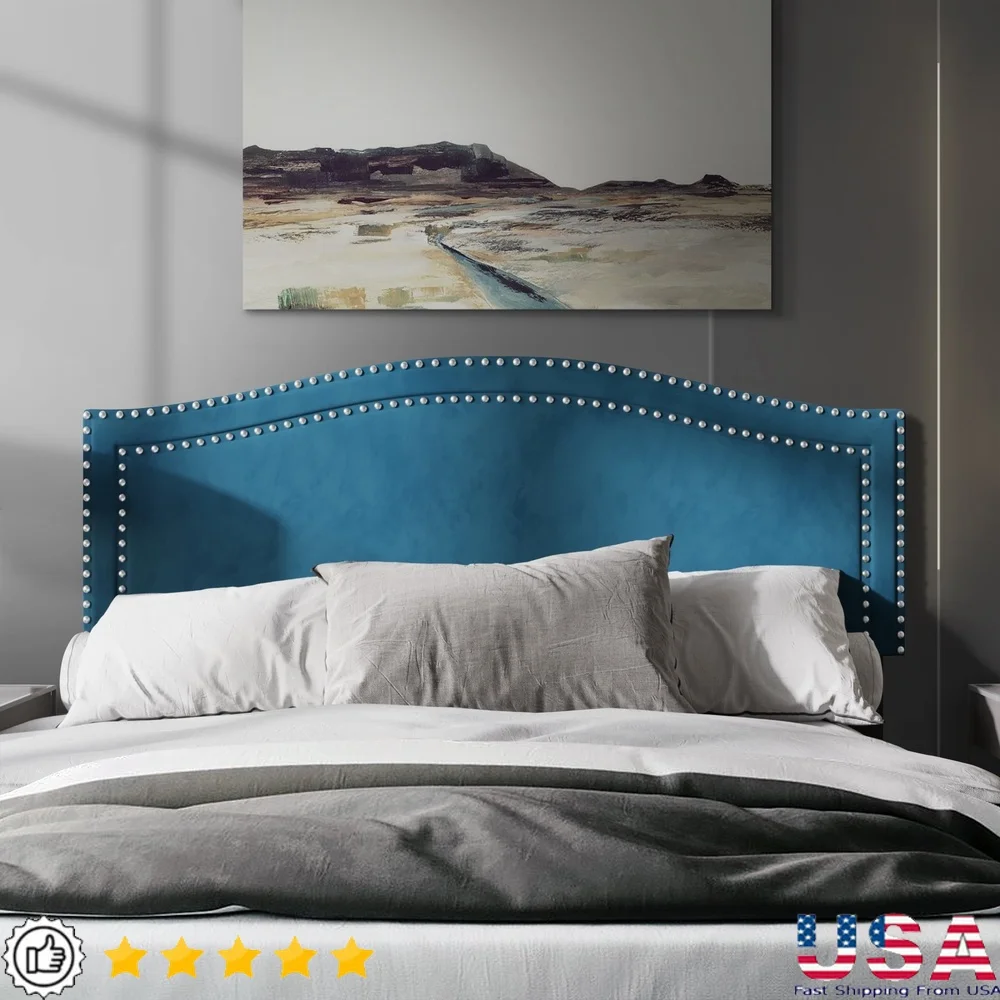 

Upholstered Nailhead Trim Headboard Adjustable Velvet Queen Size Navy Blue Elegant Design Bedroom Comfort