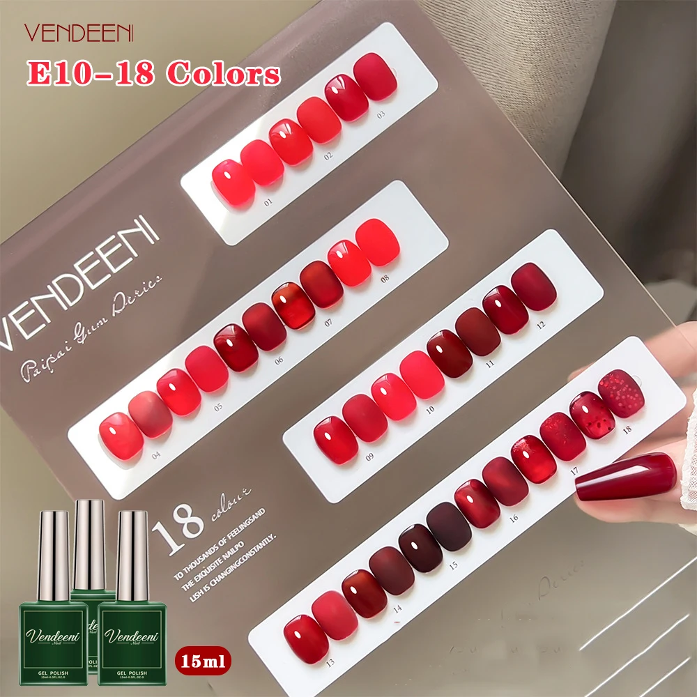 Vendeeni 18 Colors/set Claret Crystal Gel Nail Polish Red Sequins Nail Varnish Soak Off Pure Color Gel Lacquer With Display