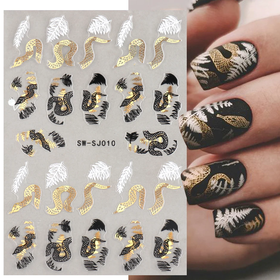 3D Snake Laser Stickers for Manicure Black Gold Abstract Leaves Luxury Nail Art Adhesive Slider Polish Decor Decals SASW-SJ