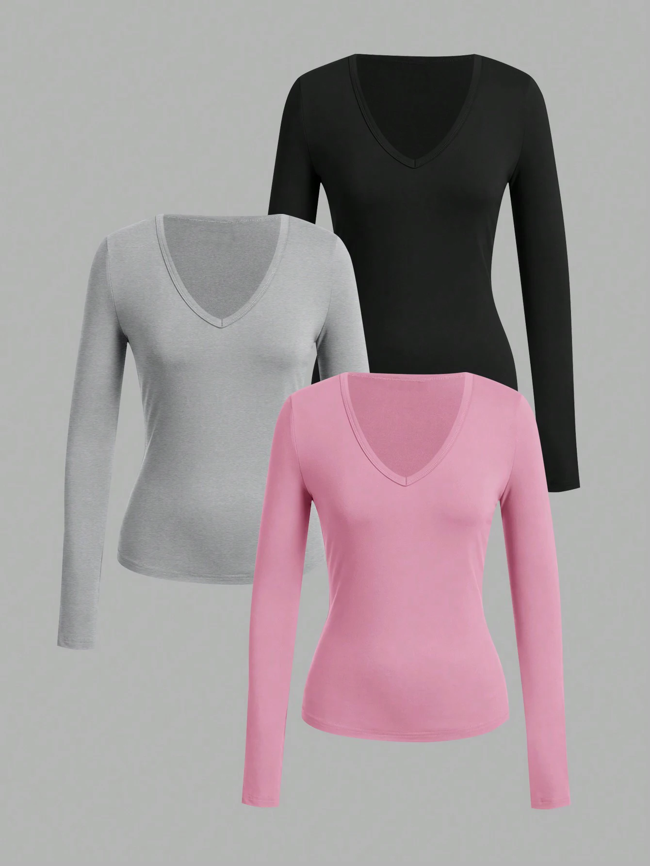 Set 3 pezzi di camicie a maniche lunghe da donna, scollo a V profondo, stile basic, top caldo, canottiera