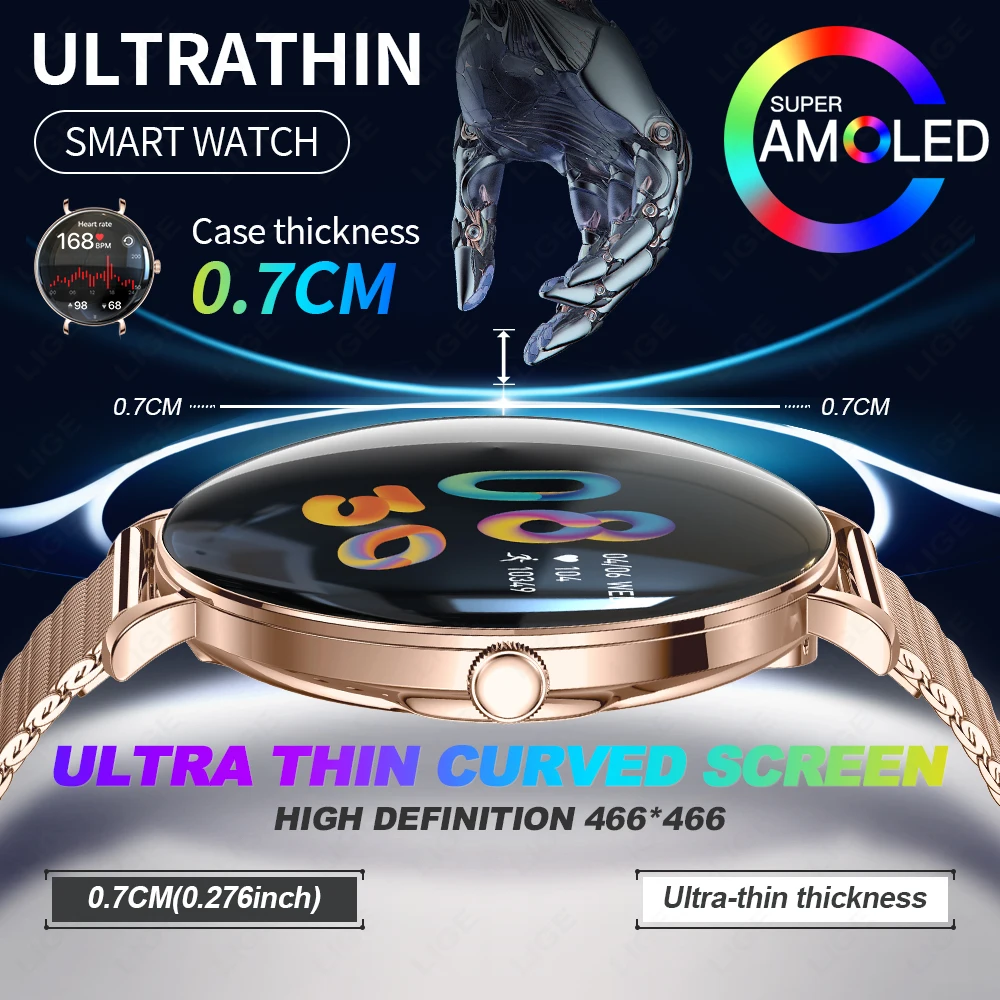 

LIGE New Smart Watch Women 466*466 AMOLED Ultra Thin Curved Screen IP68 Waterproof Heart Rate Monitor Ladies Smartwatch Men Gift