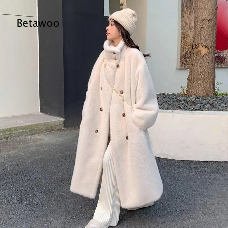 Womens long double breasted faux fur overcoat mink style thick plush padded design warm winter outerwear stylish coat for daily