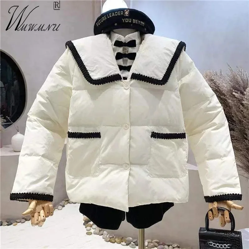 Sweet Doll Collar Down Cotton Jackets Women Korean Fashion Loose Warm Winter Parkas Oversize 80kg Thick Clothing Padded Coat