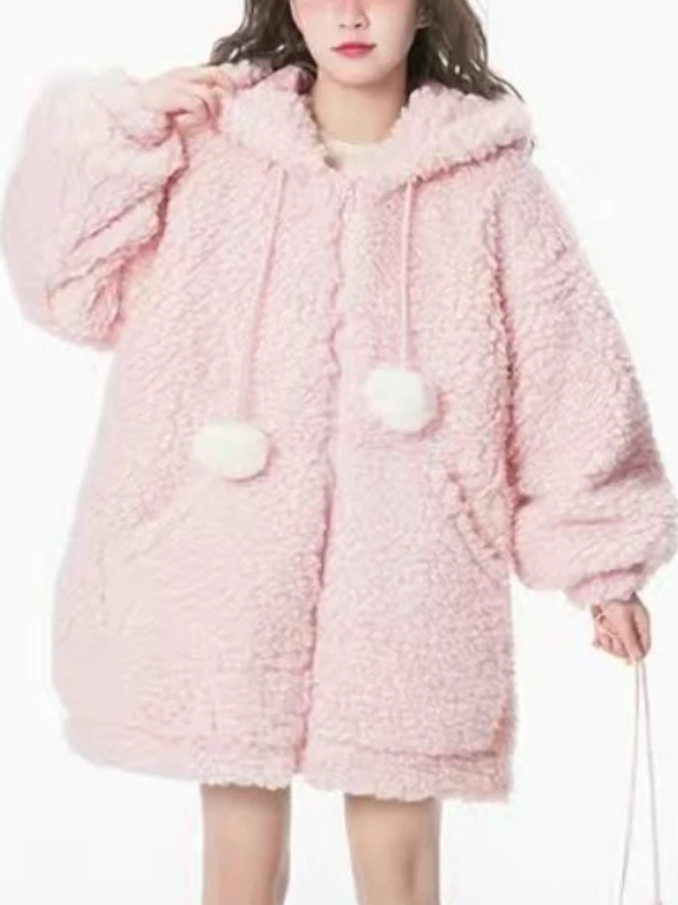 Japanese Kawaii Fluffy Jacket Women Korean Fashion Pocket Sweet Thick Coat Female Casual Warm Vingate Fleece Coat 2023 Winter