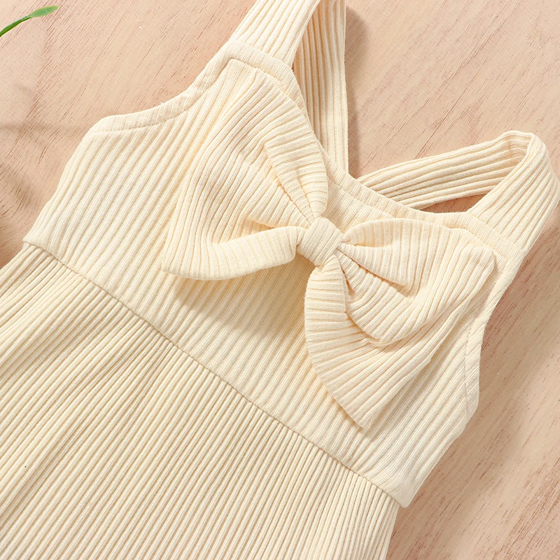 

Newborn Clothes Baby Girl Summer Solid Color Ribbed Sleeveless Bow Suspender Rompers and Stretch Headband 2PCS Sets