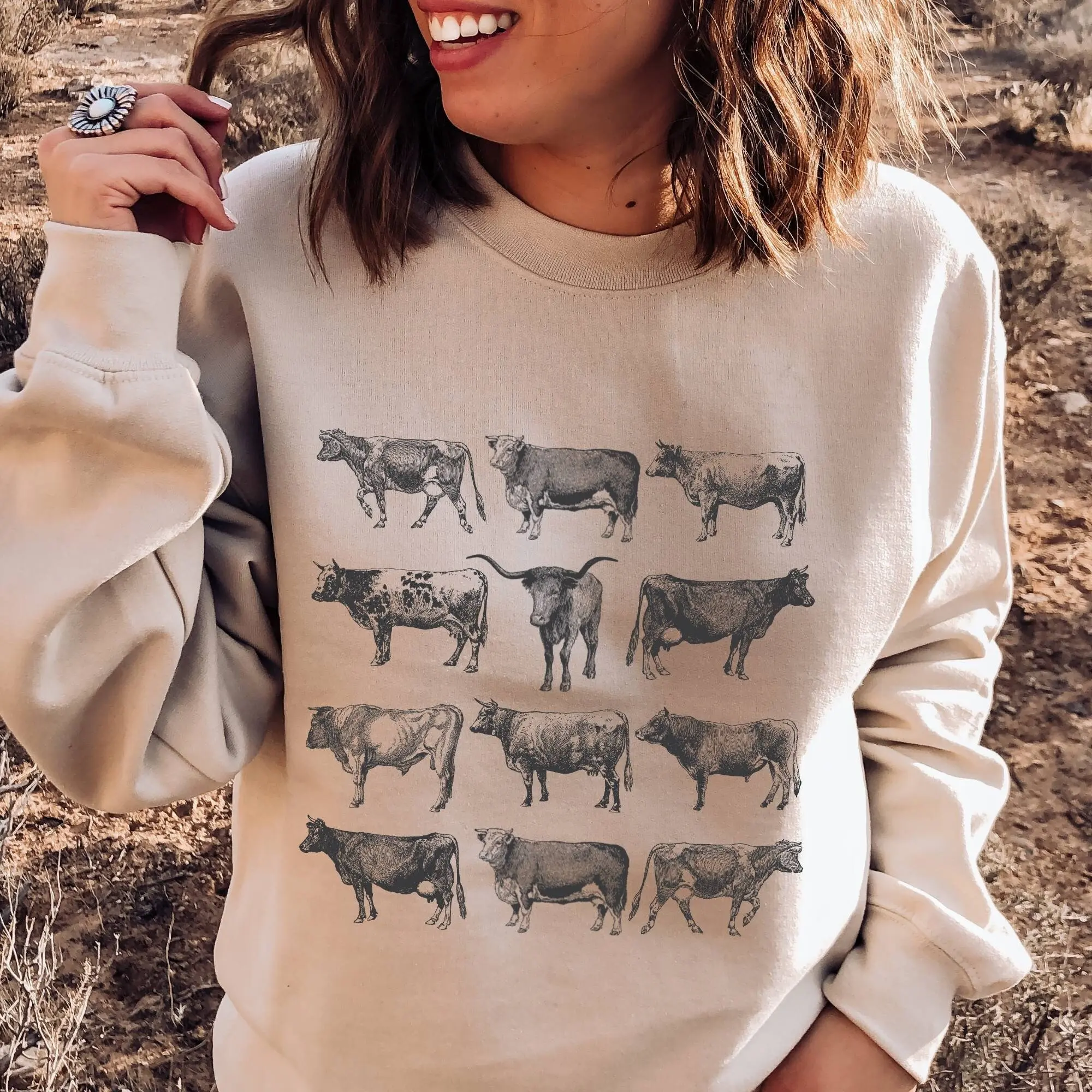 

Vintage All Types of Dairy Cows Print Female Sweatshirt Retro Fashion Farm Casual Women Clothes New Trend Holiday Comfort Tops