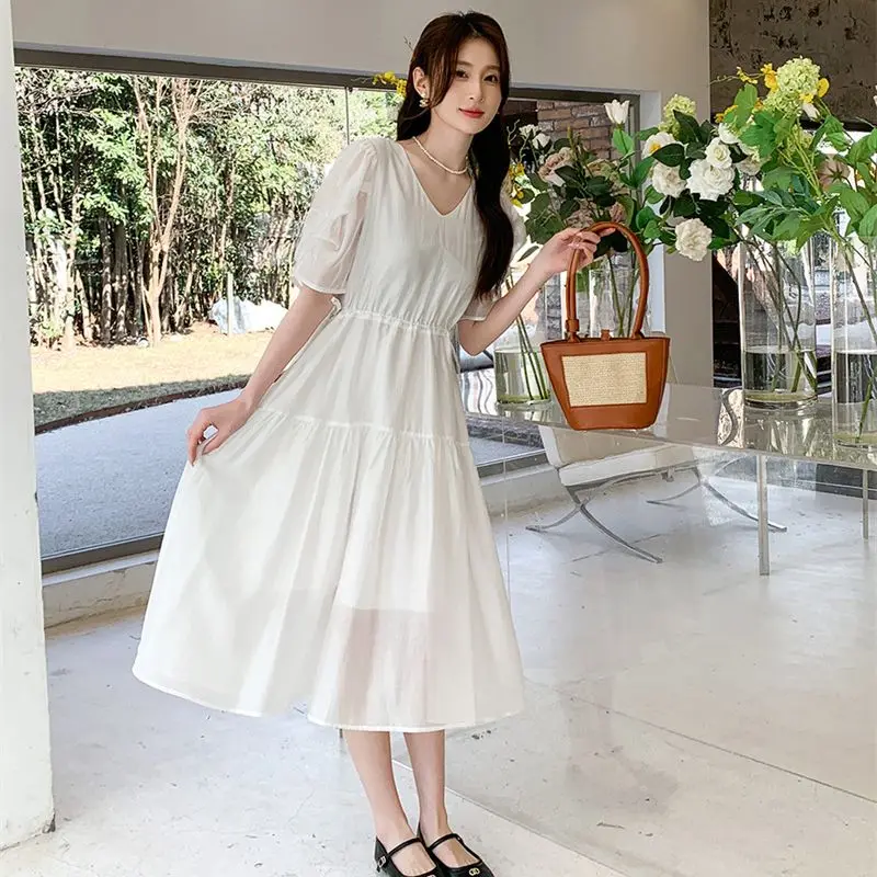 

2023 Summer New Loose All-match Women Lessel Fairy Wind High Waist V-neck Lotus Leaf Sleeves Half Through Large Hem A-line Dress