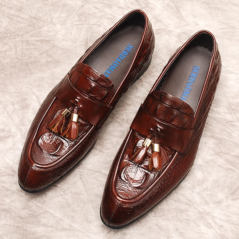 

Luxury Mens Tassel Loafer Genuine Leather Dress Shoes Crocodile Prints Casual Business Slip-On Wedding Party Men's Oxford Shoes