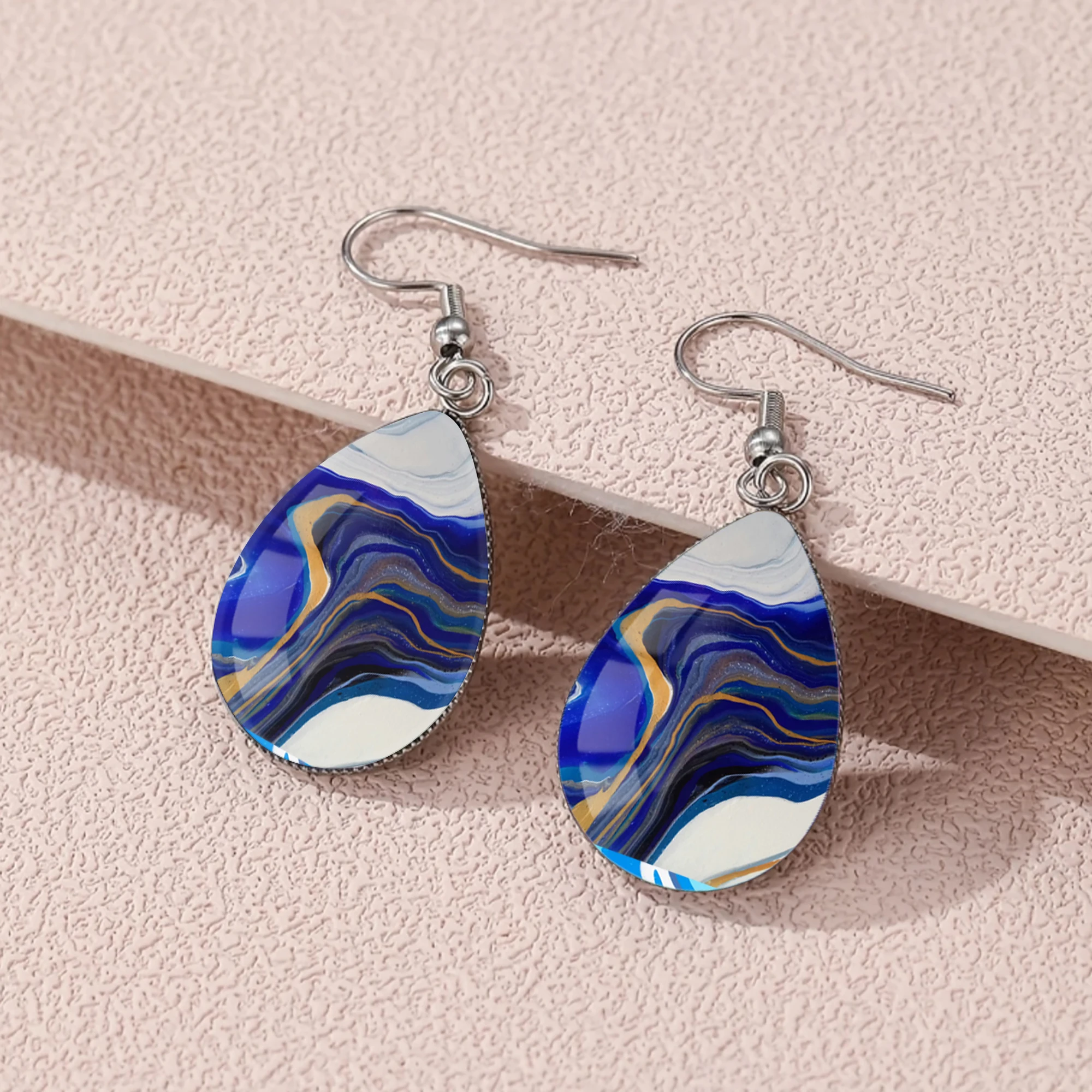 1 Pair of Blue and Gold Fluid Pattern 316 Stainless Steel Water Drop Ear Hooks, Elegant and Simple Style Suitable for Women to Wear as Jewelry for Daily Gift-Giving or Wearing