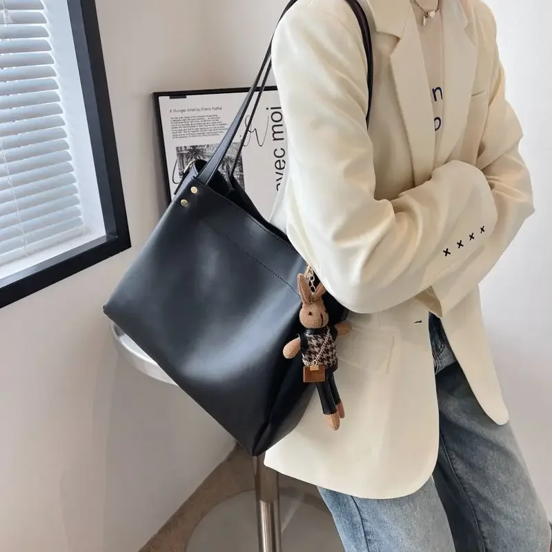 

England Style Elegant Khaki Soft PU Shoulder Bag Large Autumn Collocation Women Detachable Strap Crossbody Bag Student Tote Bag