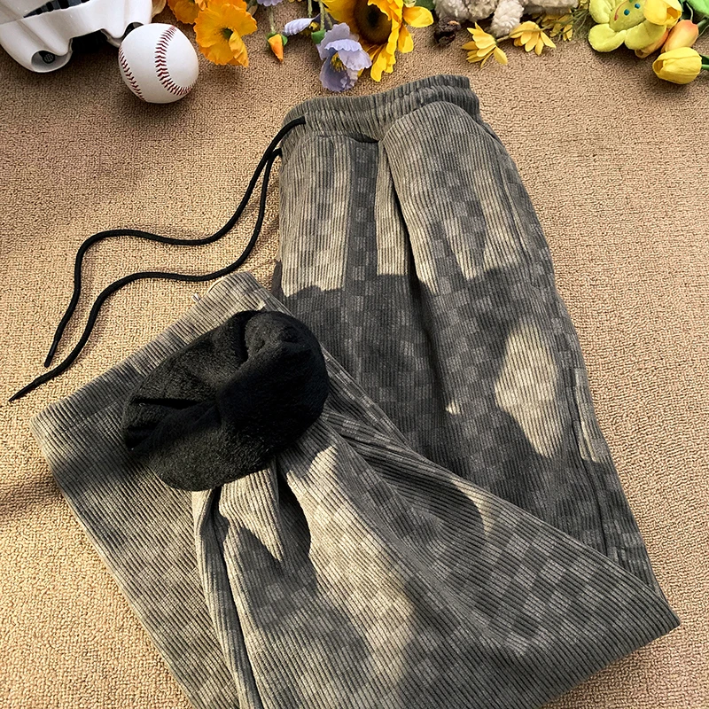 

Men's Fce Lined Thiened Casual Pants Autumn Winter 2024 New Vintage Plaid Straight Leg Sweatpants Youth Faion Trend